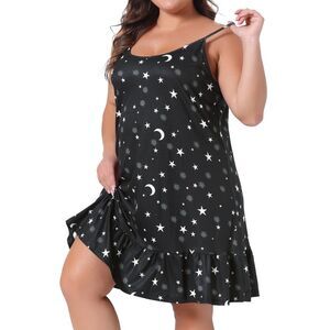 Plus Size Nightgown Cami Fruit Printed Ruffle Hem Sleepwear Black